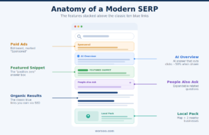 Anatomy of a modern SERP showing ads, AI Overview, featured snippet, People Also Ask, organic results, and local pack