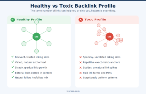 Healthy vs toxic backlink profile comparison showing clean versus spammy link patterns