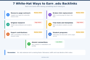Seven white-hat ways to get .edu backlinks, from resource page outreach to alumni connections, with effort levels
