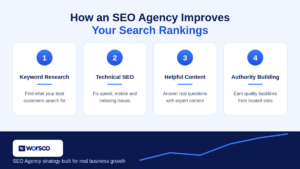 SEO agency process infographic showing keyword research, technical SEO, helpful content, and authority building steps