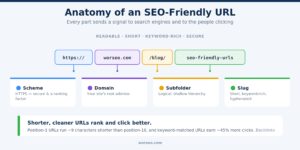 Anatomy of an SEO-friendly URL labeling the scheme, domain, subfolder, and slug