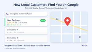 Google local search results for "emergency plumber in Austin" showing a top-rated business in the top 3 map results