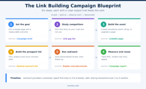 Six-step link building campaign blueprint from setting the goal to measuring and reusing results, with the output of each step