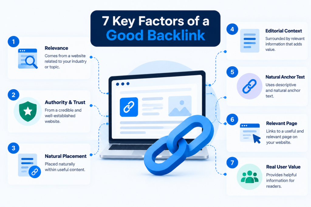 7 key factors of a good backlink including relevance, authority, natural placement, anchor text, and user value.
