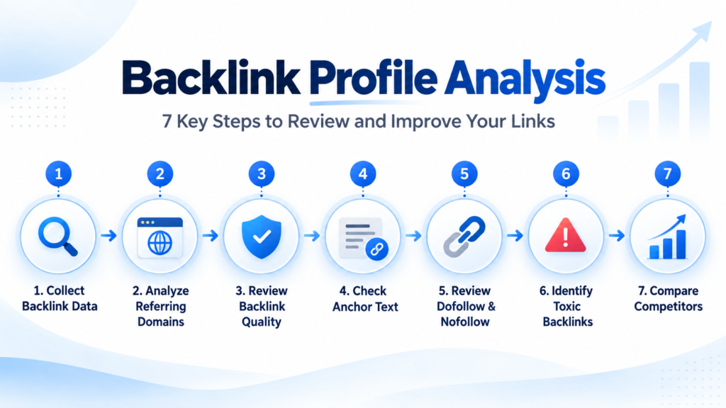 Backlink profile analysis steps showing backlink data collection, referring domains, link quality, anchor text, and competitor analysis.