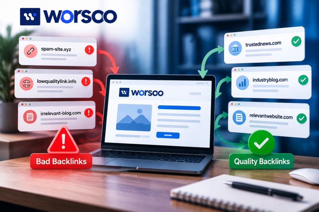 Comparison of bad backlinks and quality backlinks showing their impact on SEO performance.