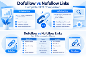 Dofollow vs nofollow links comparison showing differences in HTML attributes, link equity, SEO impact, and referral traffic.