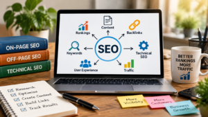 SEO process showing technical SEO, on-page SEO, and off-page SEO elements