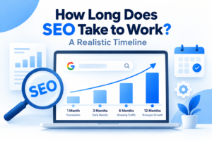 Realistic SEO results timeline illustrating website optimization and potential organic traffic growth over 1, 3, 6, and 12 months.