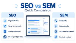 SEO vs SEM infographic comparing organic traffic, long-term growth, paid search results, and advertising costs.