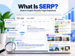 SERP features infographic showing organic results, featured snippets, AI Overview, local results, video results, and image results.