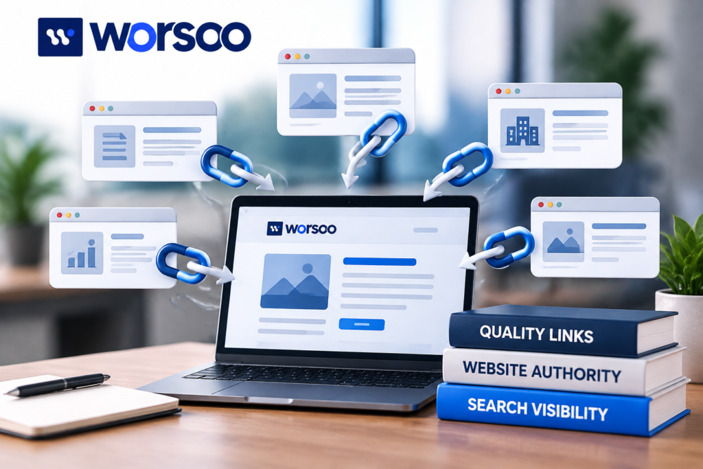 SEO link building strategy showing backlinks connecting websites and improving online authority.