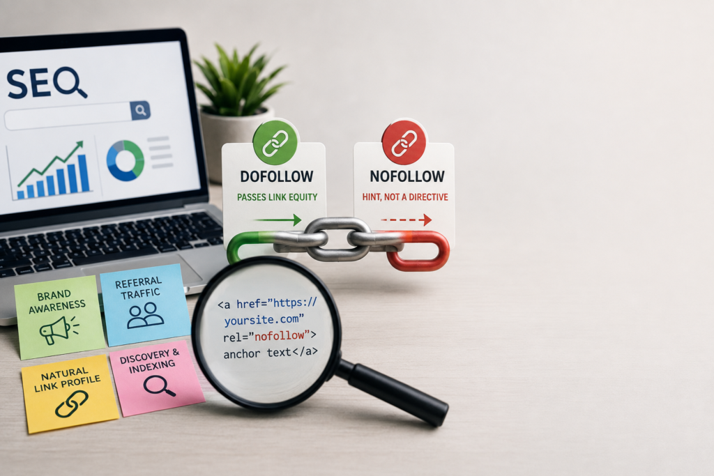 SEO workspace illustrating the difference between dofollow and nofollow links, with HTML nofollow code, link icons, and SEO growth metrics.