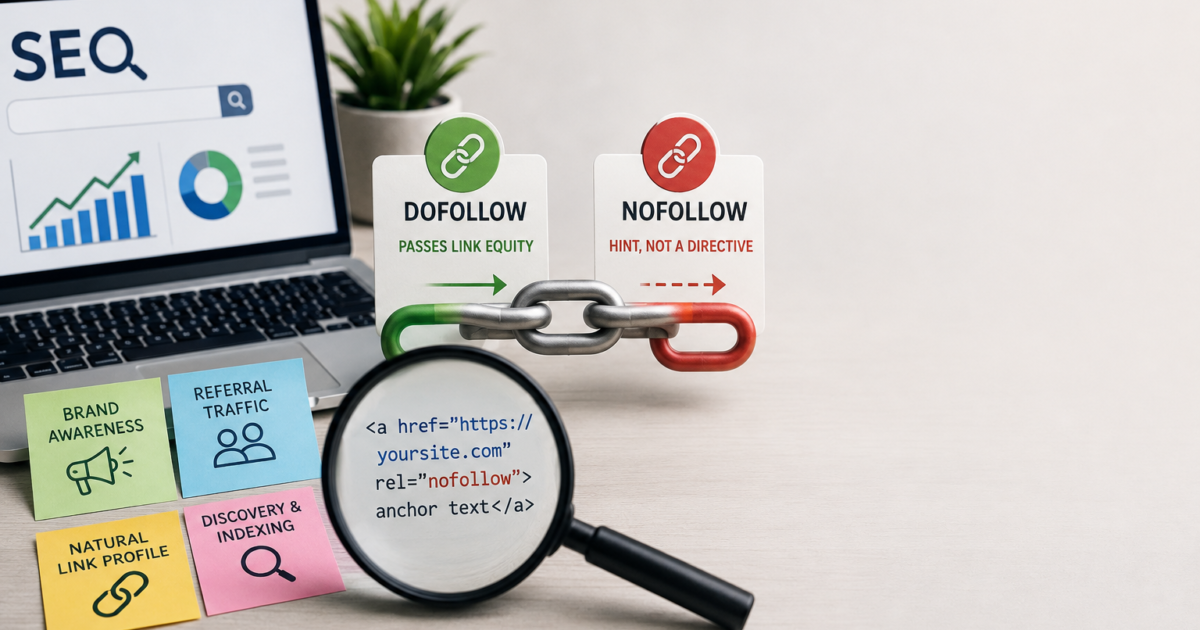 SEO workspace illustrating the difference between dofollow and nofollow links, with HTML nofollow code, link icons, and SEO growth metrics.