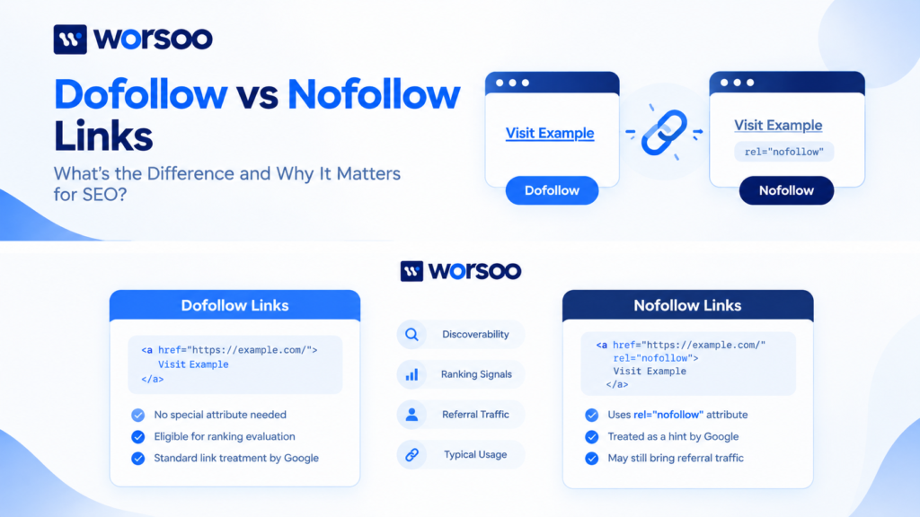 Dofollow vs nofollow links comparison showing SEO differences, HTML attributes, and ranking signals.
