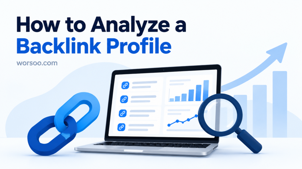 How to analyze a backlink profile with SEO analytics dashboard, backlink links, and website growth chart.