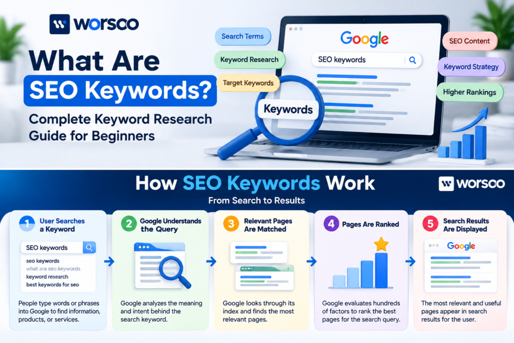 What are SEO keywords showing keyword research, search terms, and ranking strategy