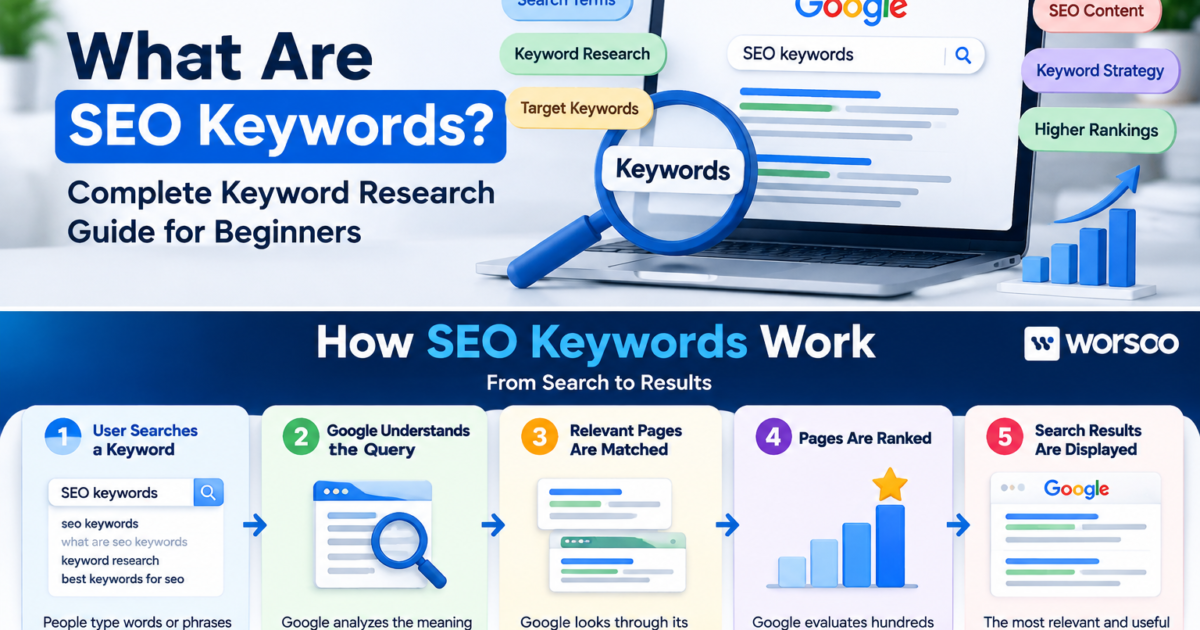 What are SEO keywords showing keyword research, search terms, and ranking strategy