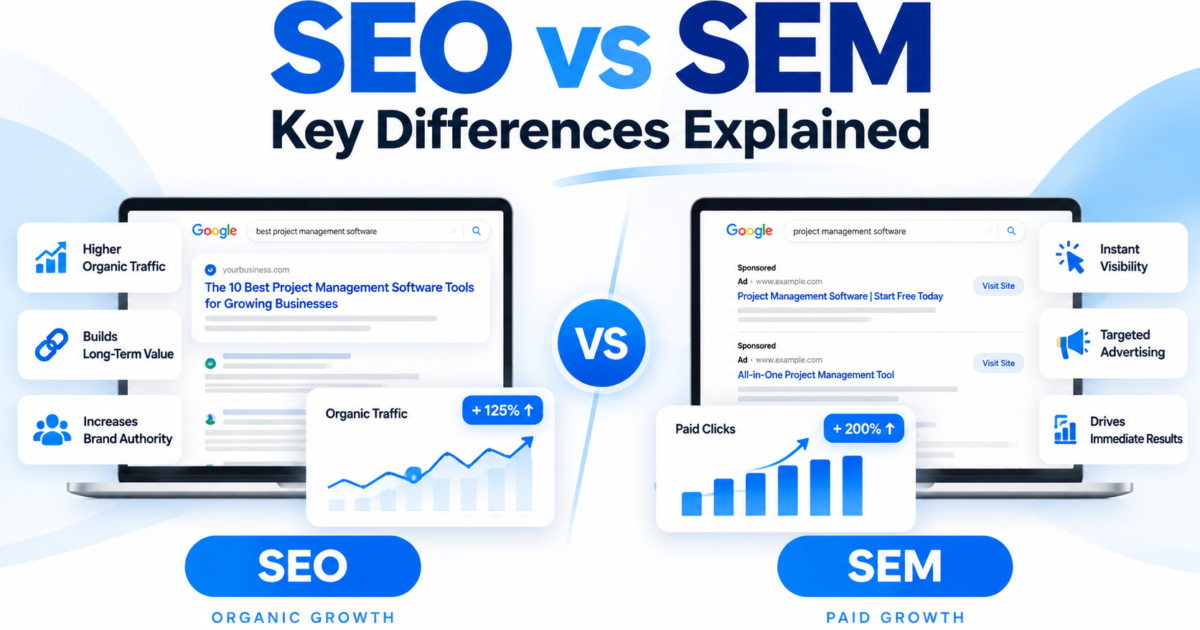 SEO vs SEM comparison showing organic search traffic, paid advertising, and digital marketing growth strategies.