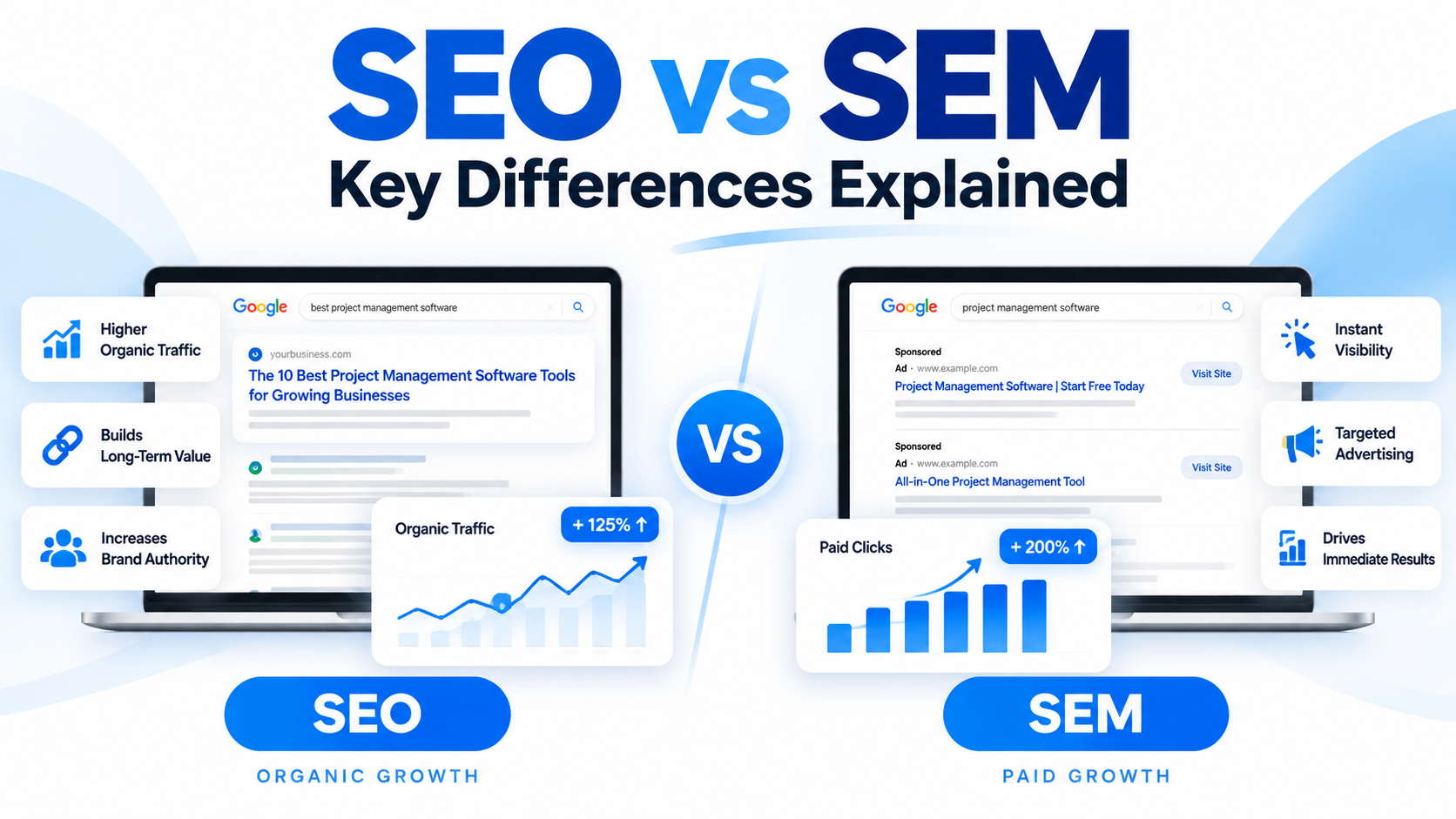 SEO vs SEM comparison showing organic search traffic, paid advertising, and digital marketing growth strategies.