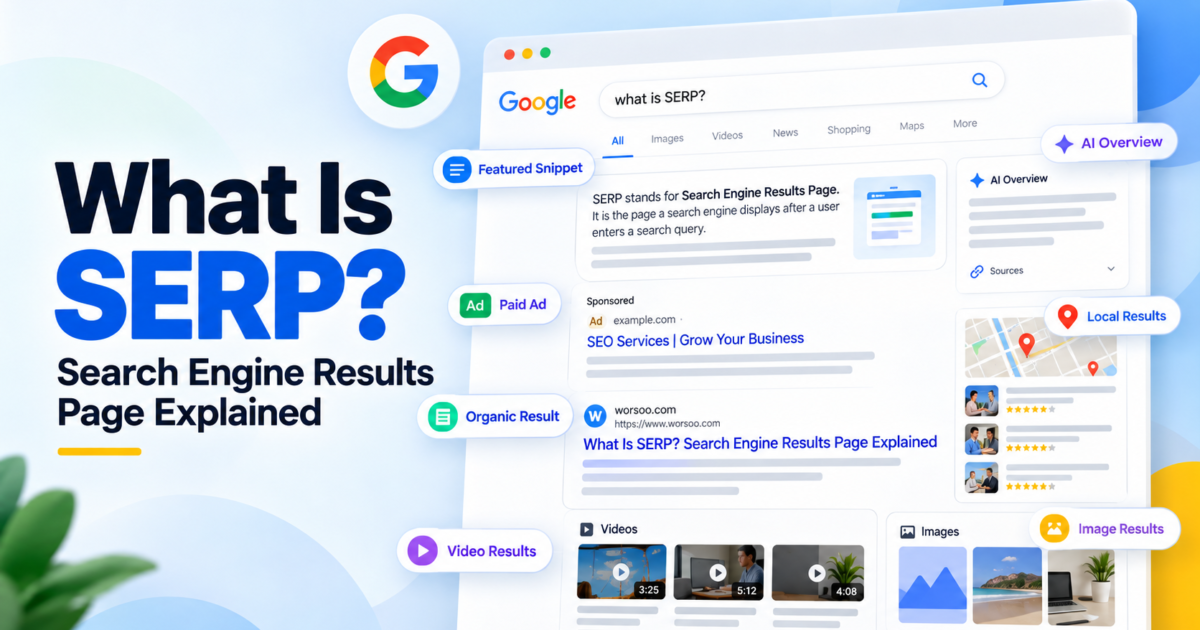 What is SERP illustration showing Google search results, organic listings, ads, AI Overview, local results, videos, and images.