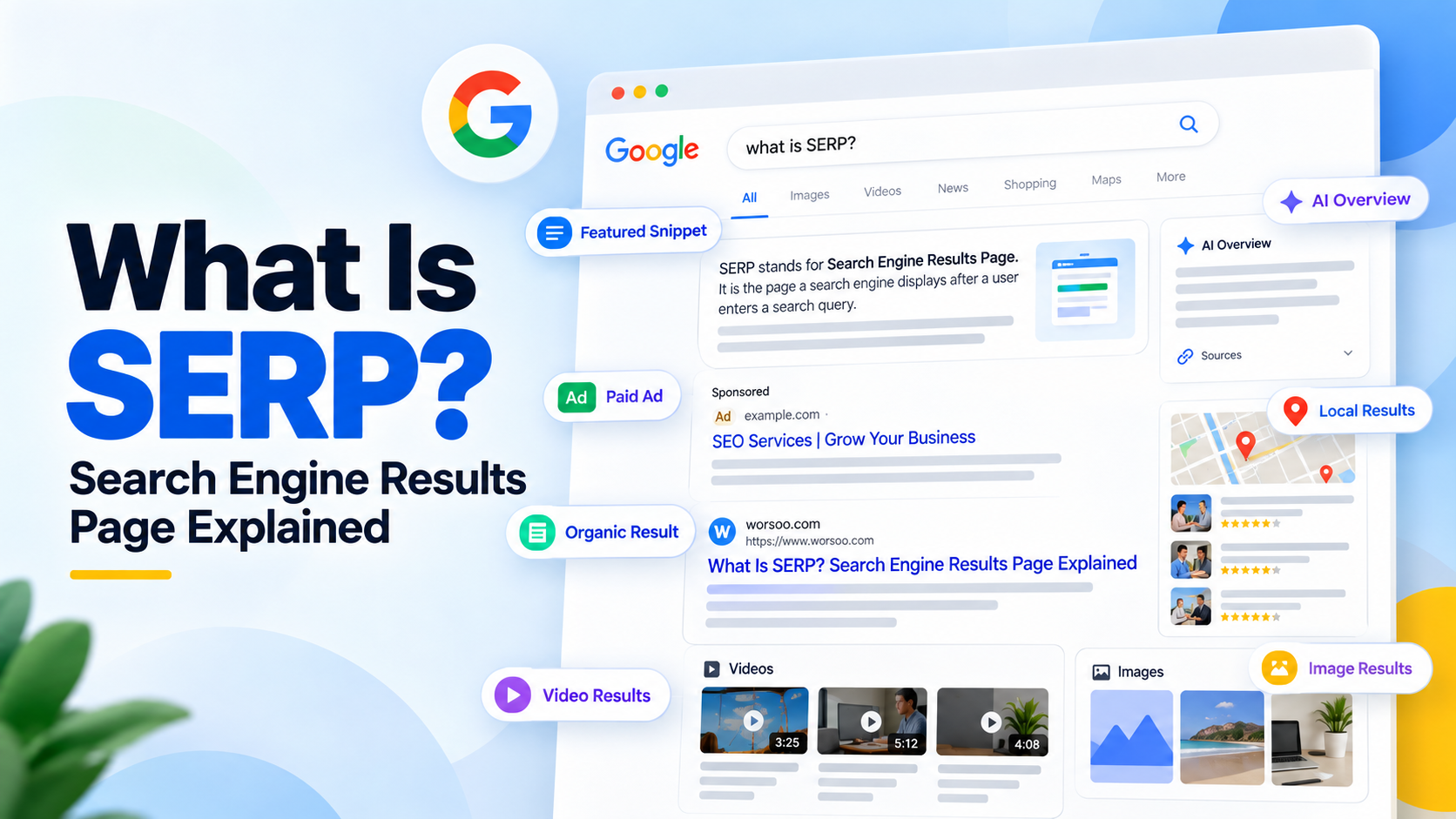 What is SERP illustration showing Google search results, organic listings, ads, AI Overview, local results, videos, and images.