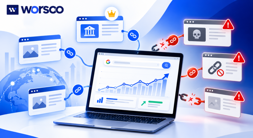 Common link building mistakes showing bad backlinks and quality backlink strategies for SEO.