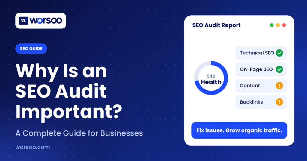 SEO audit report dashboard showing technical SEO, on-page SEO, content and backlink checks, by Worsoo