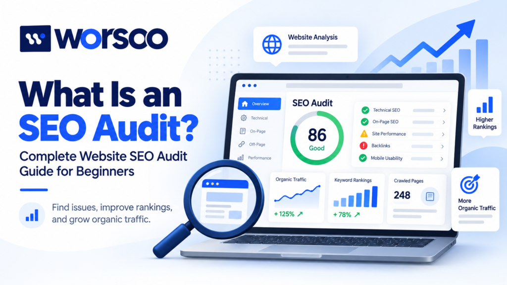 What is an SEO audit showing website analysis, technical SEO checks, rankings, and organic traffic improvement