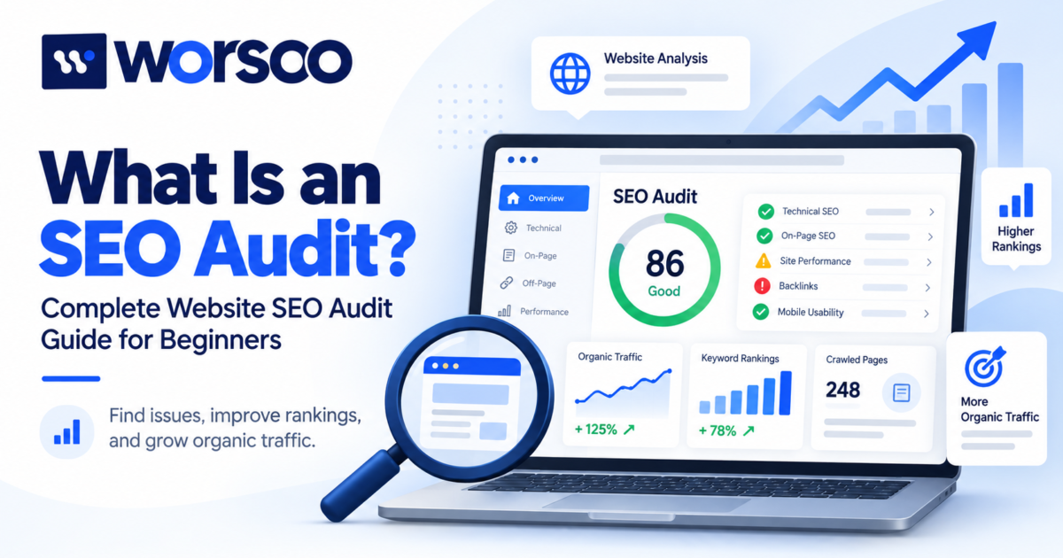 What is an SEO audit showing website analysis, technical SEO checks, rankings, and organic traffic improvement